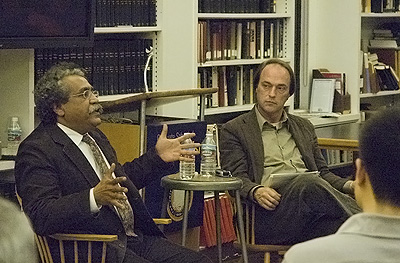 Hani Shukrallah gestures as he talks to Sandy Tolan at UC Berkeley's Graduate School of Journalism