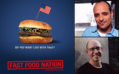  Still from Fast Food Nation, plus Schlosser and Pollan photos