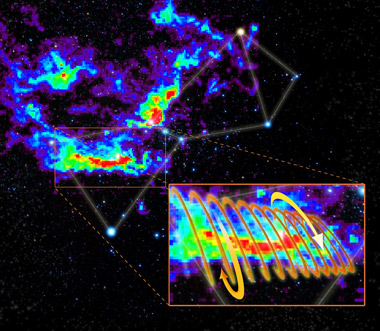Helical magnetic field wrapping around molecular cloud in Orion