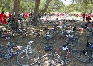  bikes on ground and riders in red clothes