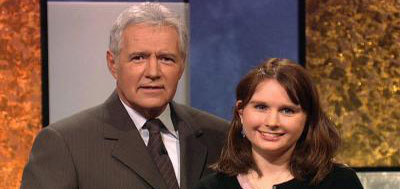  "Jeopardy!" host Alex Trebek and contestant Larissa Kelly
