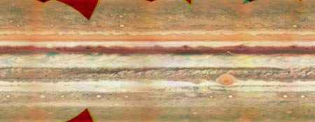  image of Jupiter showing red spots below a turbulent band near equator