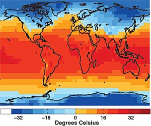 Map of average distribution of global temperatures for February