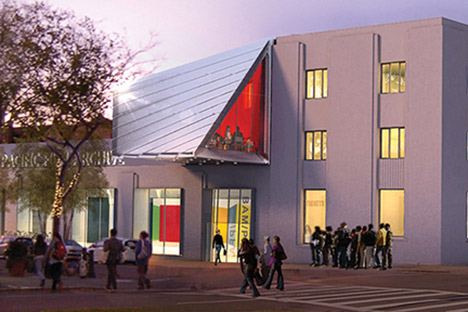 Rendering of building with cantilevered section over sidewalk with pedestrians.