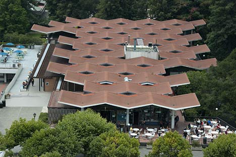 Aerial view of building with undulating roof