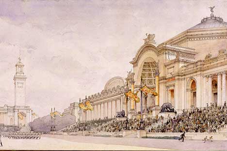 Architectural rendering of neoclassical building with people in front