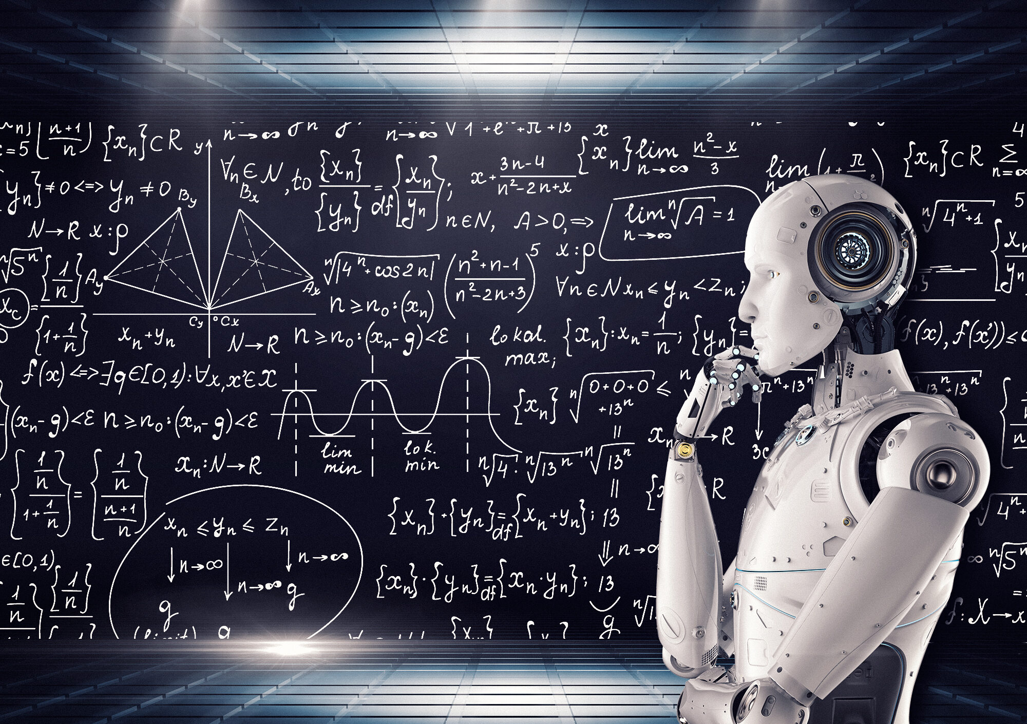Computer generated image of a robot standing in front of a blackboard of equations with their hand on their chin.