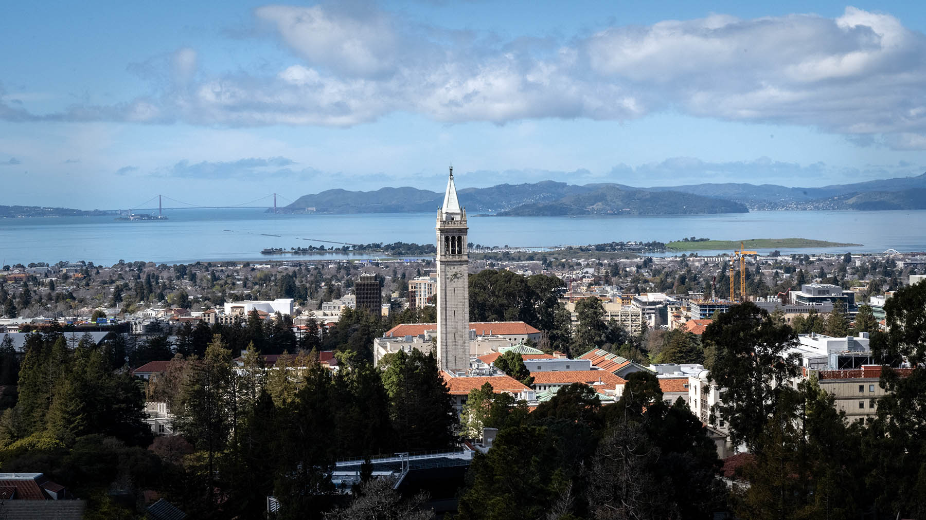 A overarching view of campus looking from above towards the Campanile with the bay and the Golden Gate Bridge in the background