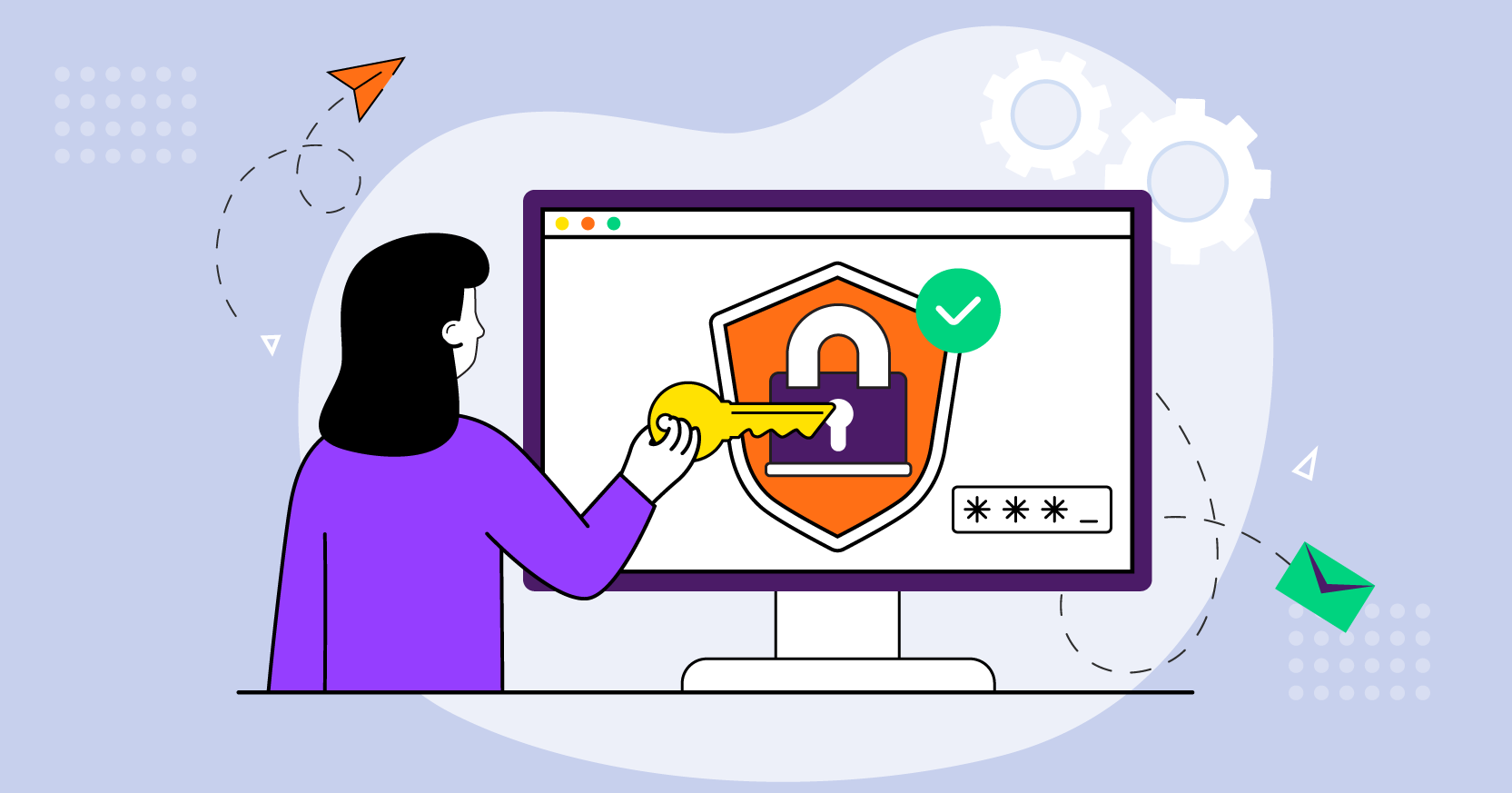 illustration of a woman using a key to unlock a lock on a computer screen